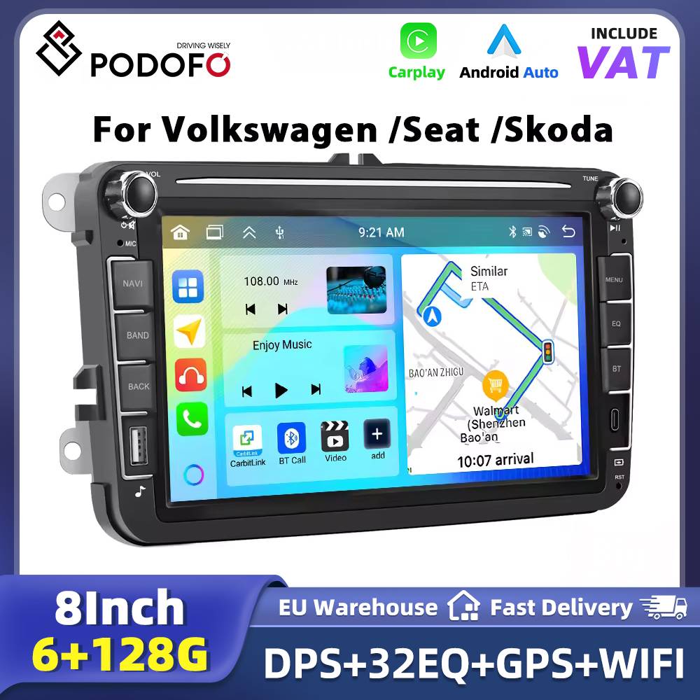 Podofo 8 Inch Carplay 6+128G Car Radio Player For VW Seat Skoda PASSAT B6 B7 Superb Octavia Fabia GPS FM Stereo Car Stereo 2din autoradio