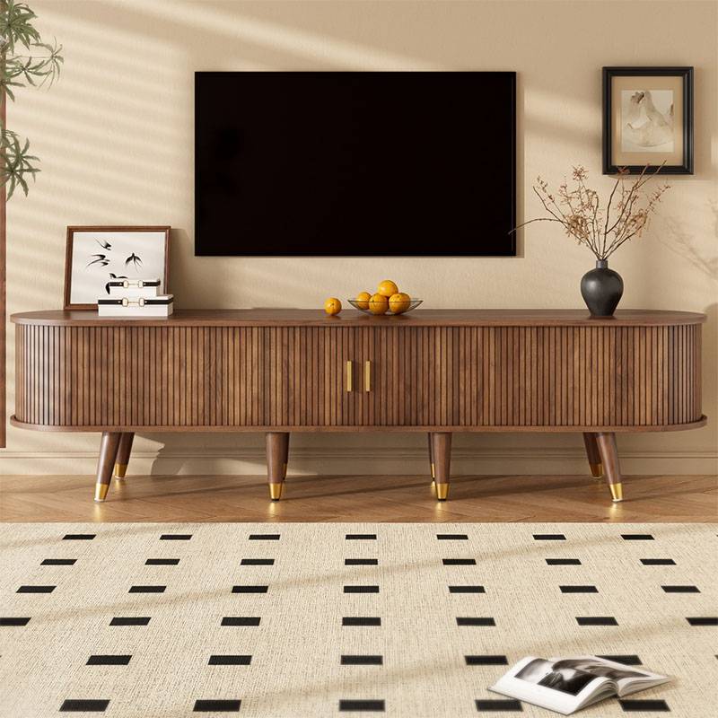 TV Wardrobe with Rattan Sliding Door, Walnut Look & Plenty of Storage, Gold Handles and Cabinet Legs- Country Style MDF Open-Compartment TV Table, 175x38x45 cm.