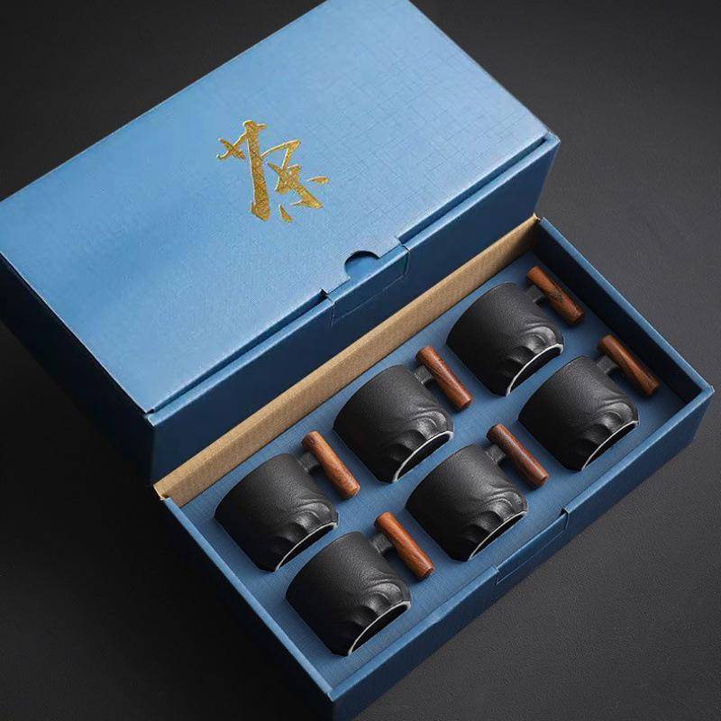 6-pack Set Keramisk Retro Espresso Kaffekopp Med Trähantag Kontors Vattenkopp Te Mugg Keramisk Kaffemugg Handgjord Te Presentförpackning