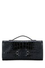 Roger Vivier Crocodile-Embossed Clutch — Black