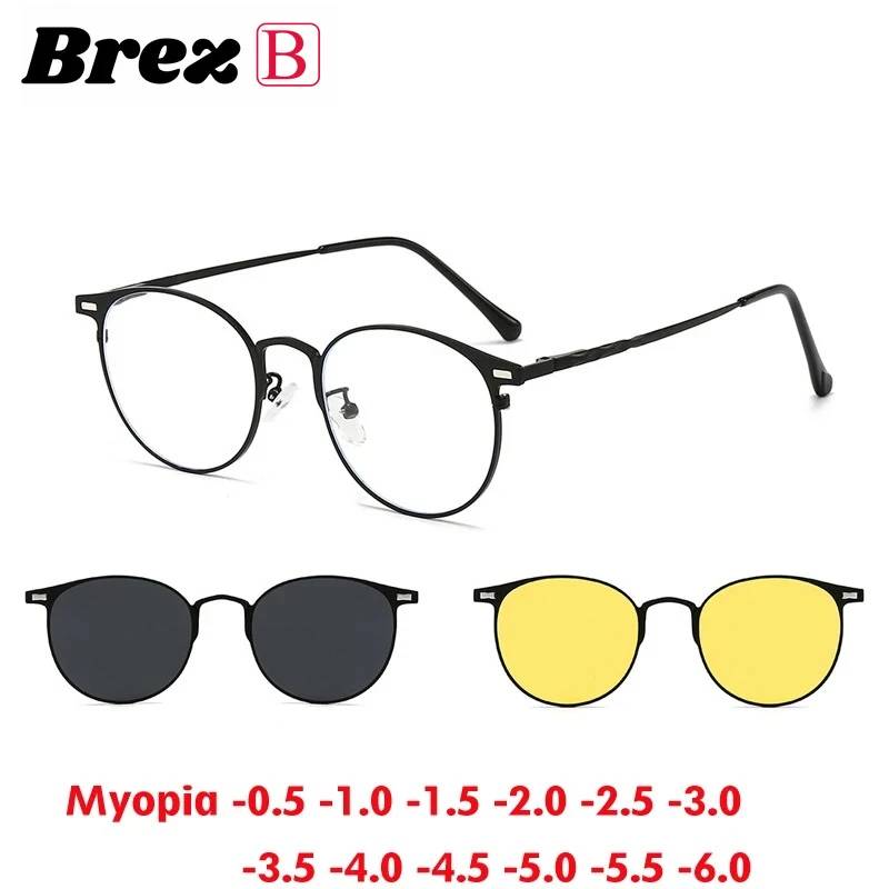 Ollymurs 3 in 1 Women Round Myopia Sunglasses Magnetic Clips Custom Prescription Optics Glasses  Men Polarized Frame -0.5 to -10