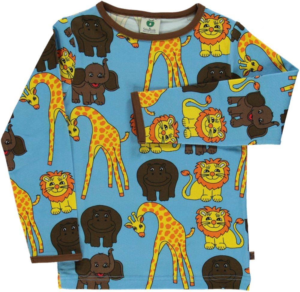 Langærmet t-shirt med giraf, løve, flodhest og elefant - Blue / 68 cm