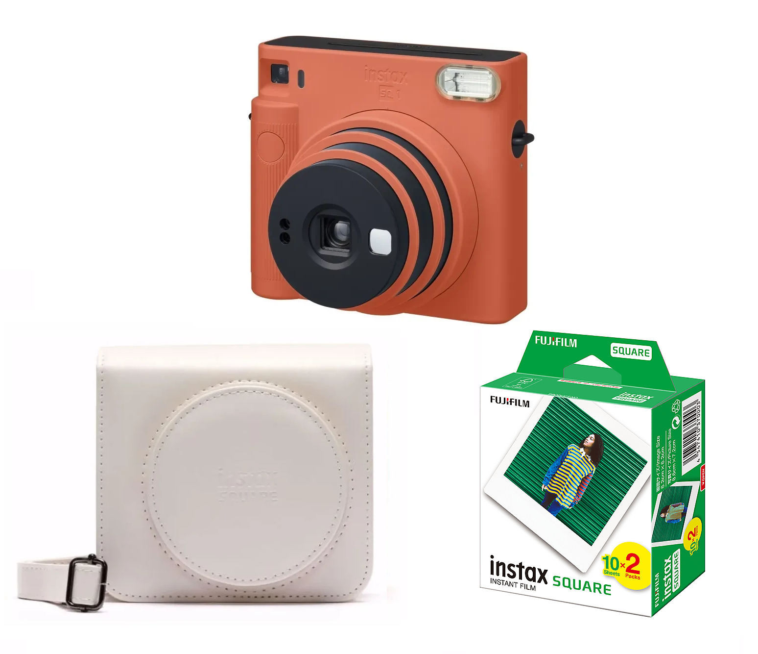 Fuji - Instax SQUARE SQ1 Instant Camera + Case And Film - Bundle - Fri fragt og klar til levering - Prismatch - Orange Camera, White Case