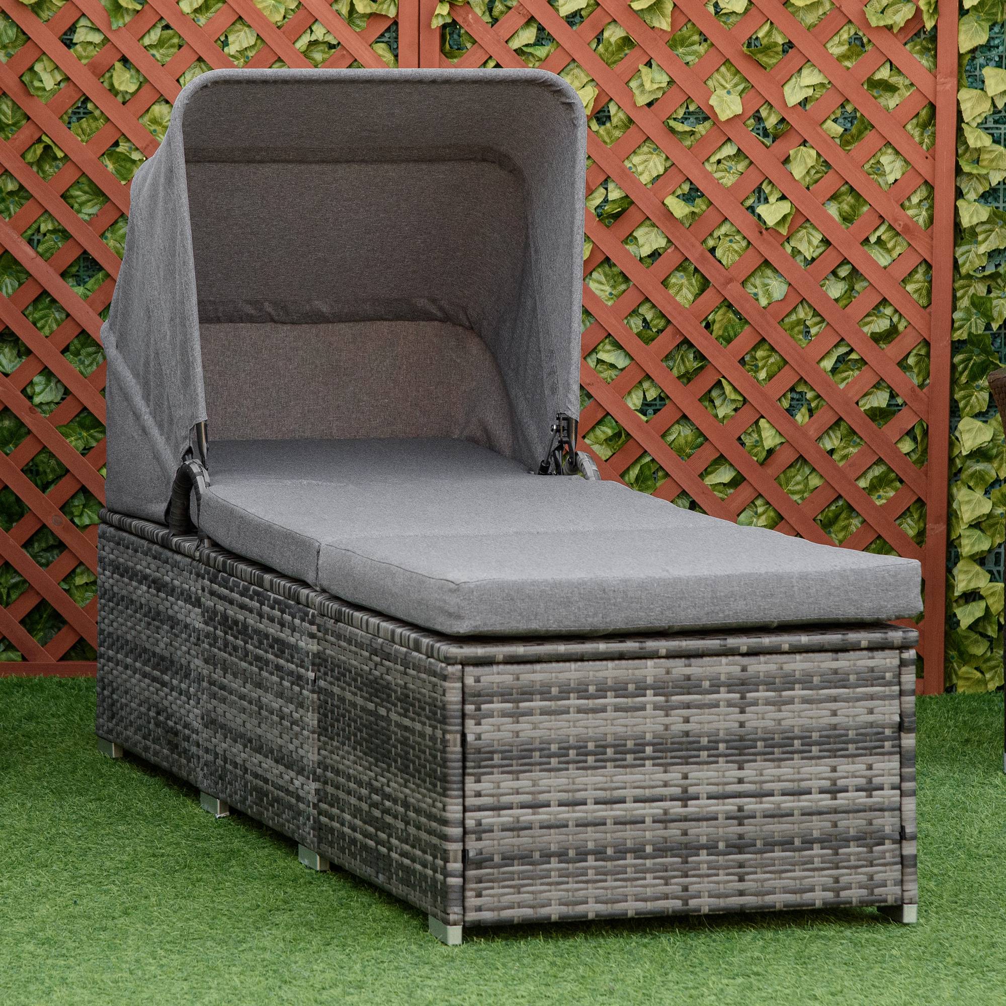 Solseng polyrattan med soltag justerbar haveseng rattan liggestol med hynde grå 195x65x40cm til afslappende timer i haven.
