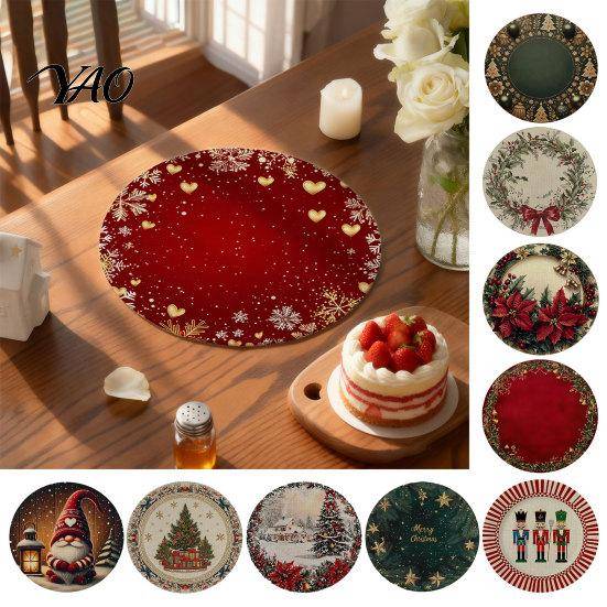 Anti Scald Table Cover Round Christmas Placemat, 14 Inch Festive Pattern Slip Tabletop Protector, Heat Resistant Pad Insulation Place Mat for