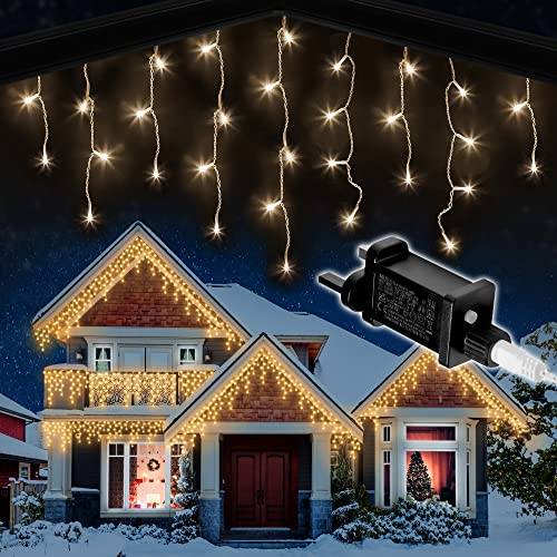Istappar utomhus jul 480 LED 15 m upplyst längd, varm vit istapp älvhus lampor med minne, 8 timmar i timer, 8 belysningslägen, eldriven – 480 LED, varm vit