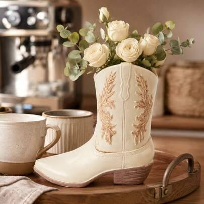 1 st cowboystövlasvas i countrystil, vintage västerländsk blomvas med präglat mönster, bohemisk lantlig bordsdekoration, passar för kök, vardagsrum, h (En-Storlek,Konstgjorda vass (konstgräs))