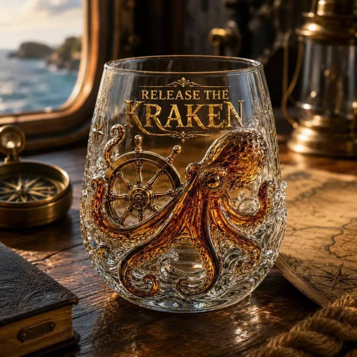 Octopus Kraken Pirate Whiskey Glass - 11oz High-Borosilicate Clear Tumbler with Skull Captain Design for Rum Bourbon Cocktails Unique Drinkware Gift