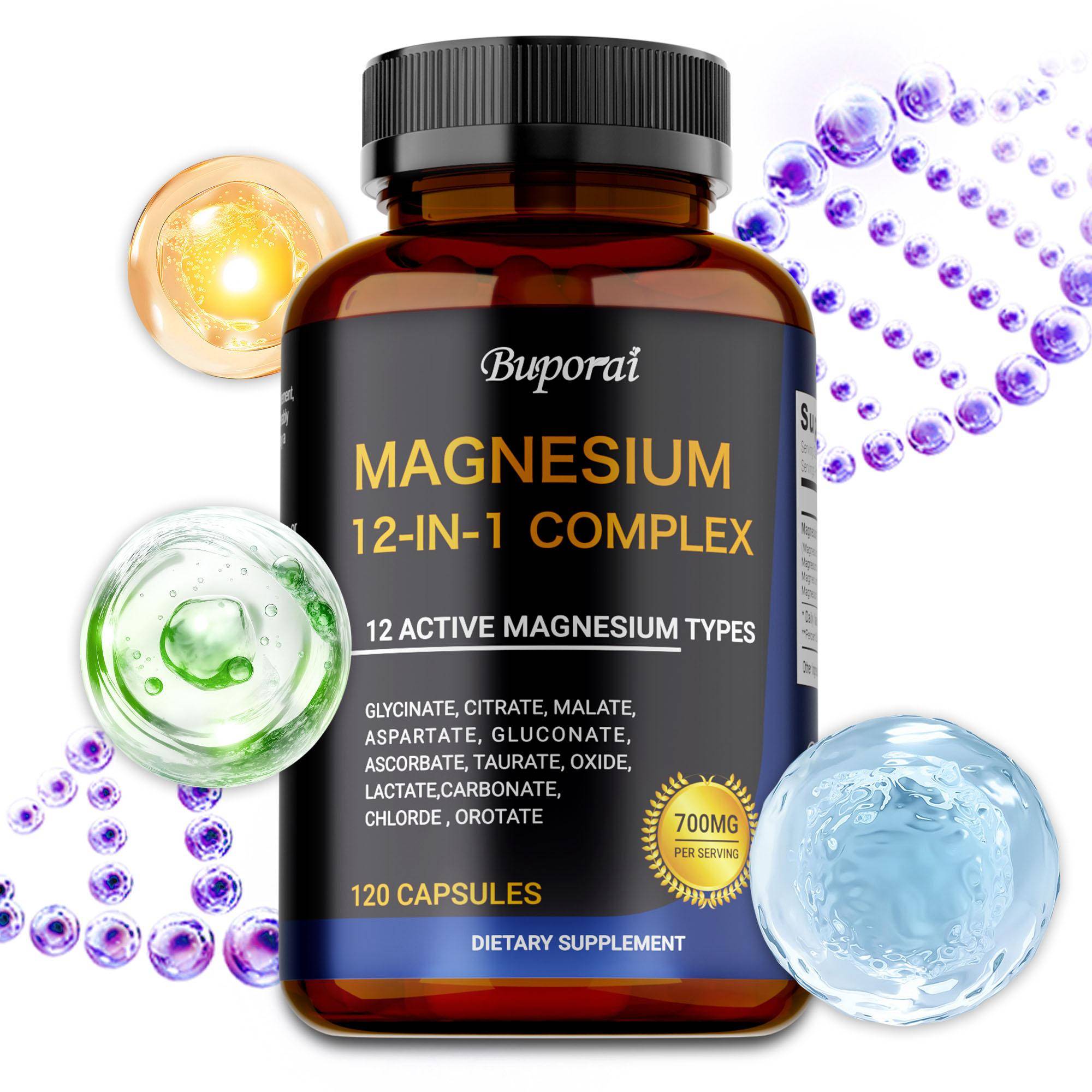 Buporui Komplext Magnesium Kosttillskott innehåller 12 magnesiumföreningar för avslappning, muskelstöd och avkoppling.