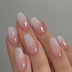 Press-on-naglar, 24 st, i medellängd, låda franska naglar, lösnaglar, rosa, vit, färggradient, ballerina, akryl, heltäckande, självhäftande lösnaglar för kvinnor och flickor, gör-det-själv-nagelkonst