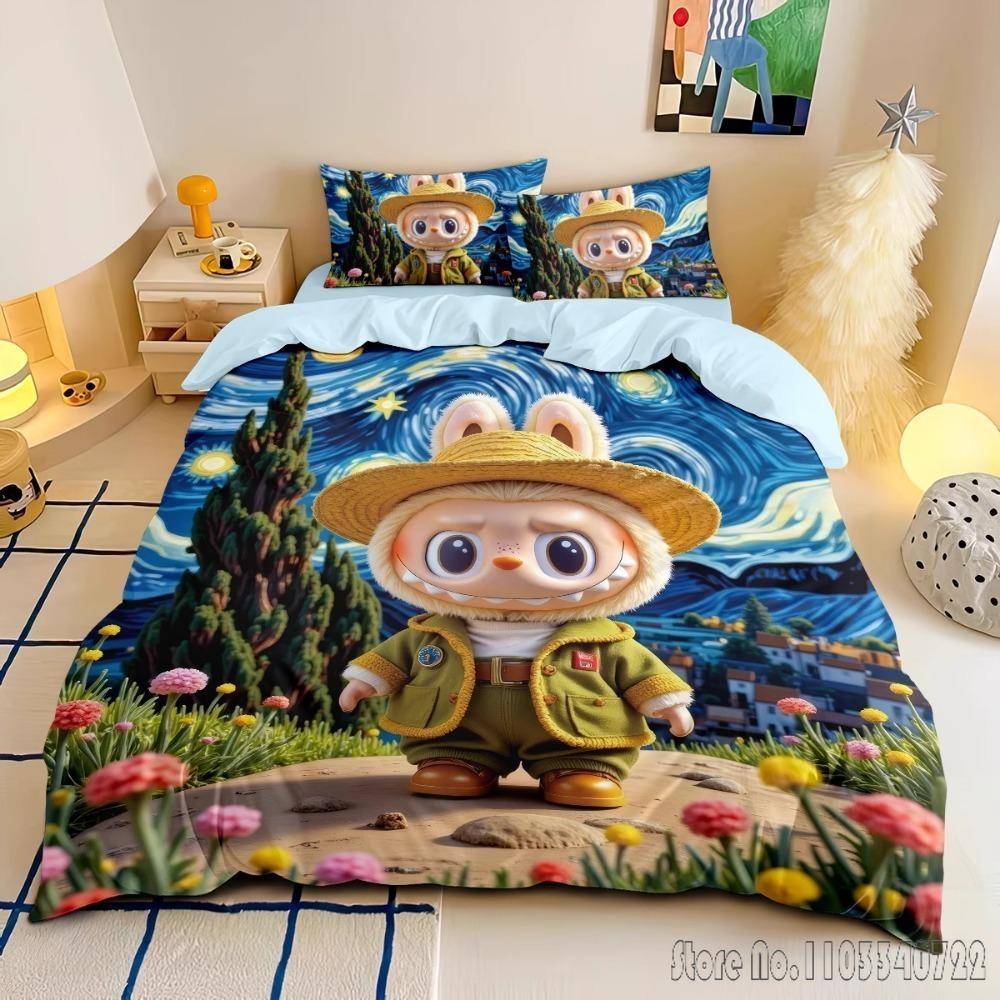 Söta Tänder Ny Anime La-BuBu Rosa Påslakanset HD Täcke Örngott för Barn Sängkläder Sängkläder Sovrumsinredning EU Double 200x200cm
