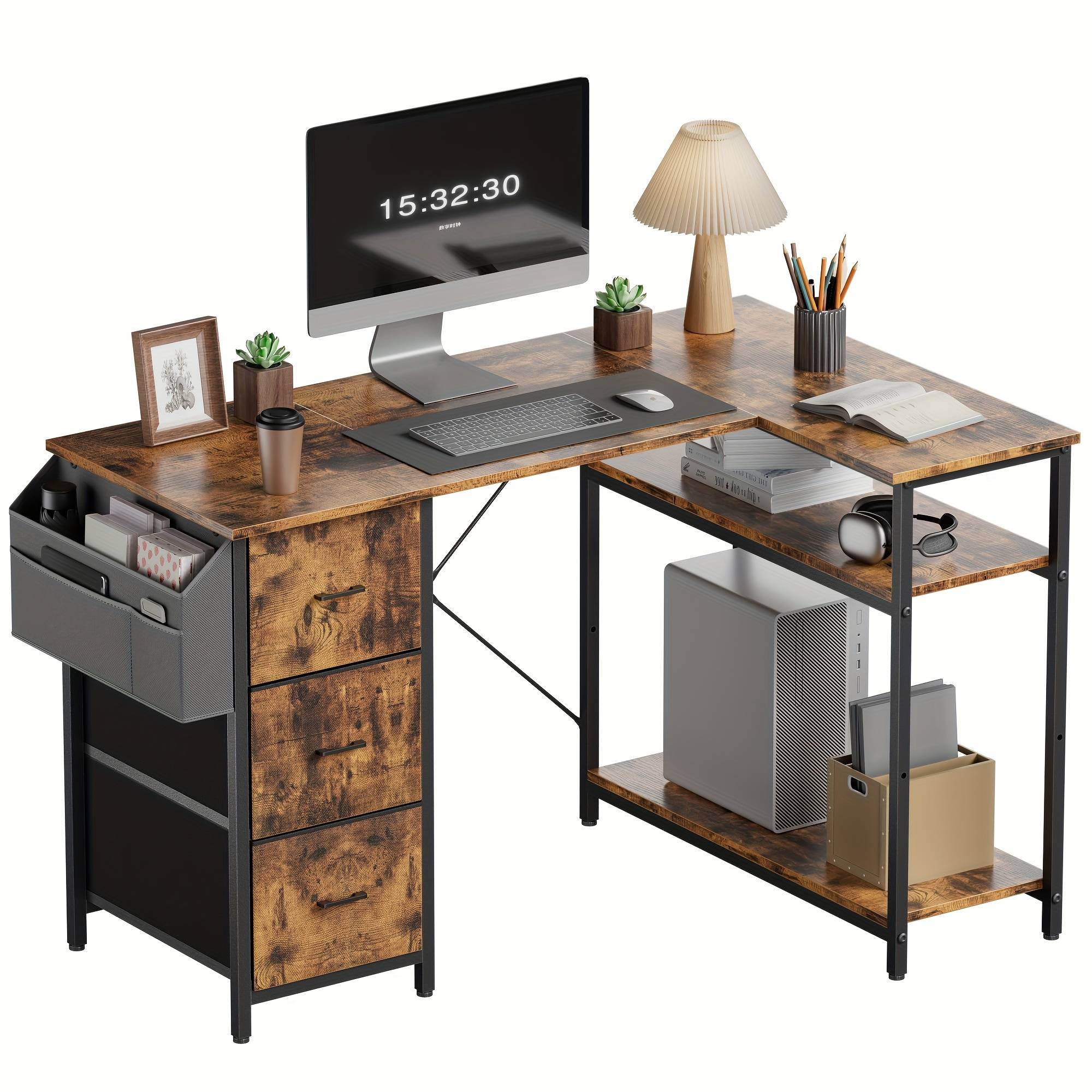 47/55 Inch L-shaped Computer Desk With 3 Drawers, Gaming Desk With Side Storage Pockets, Two-tier Storage Shelf Office Desk For Office, Bedroom