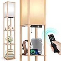 OUTON Golvlampa med hylla, dimbar golvlampa vardagsrum med fjärrkontroll, golvlampa 160 cm, 2 USB-laddningsportar, golvlampa för vardagsrum, sovrum, trä