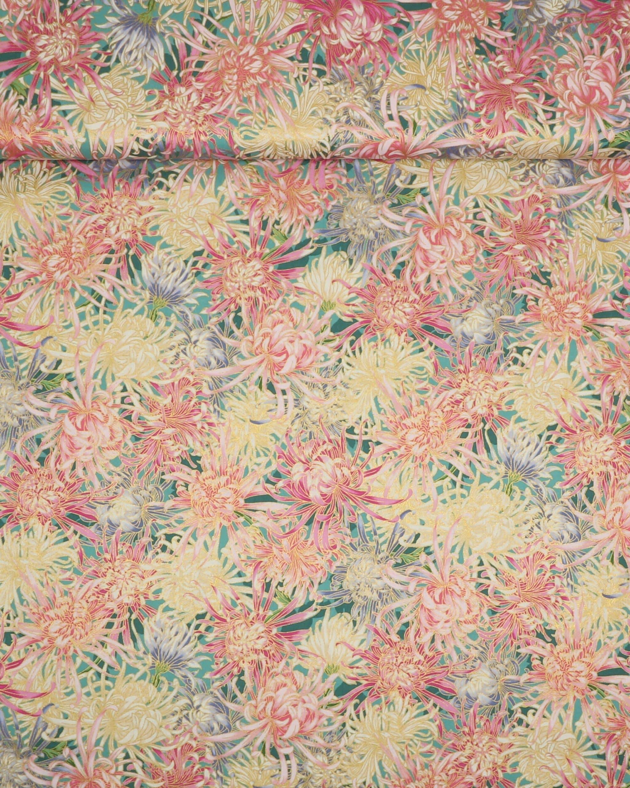 Aurelia, blomster m. guldkant på grøn bund - Patchwork - 100% Bomuld
