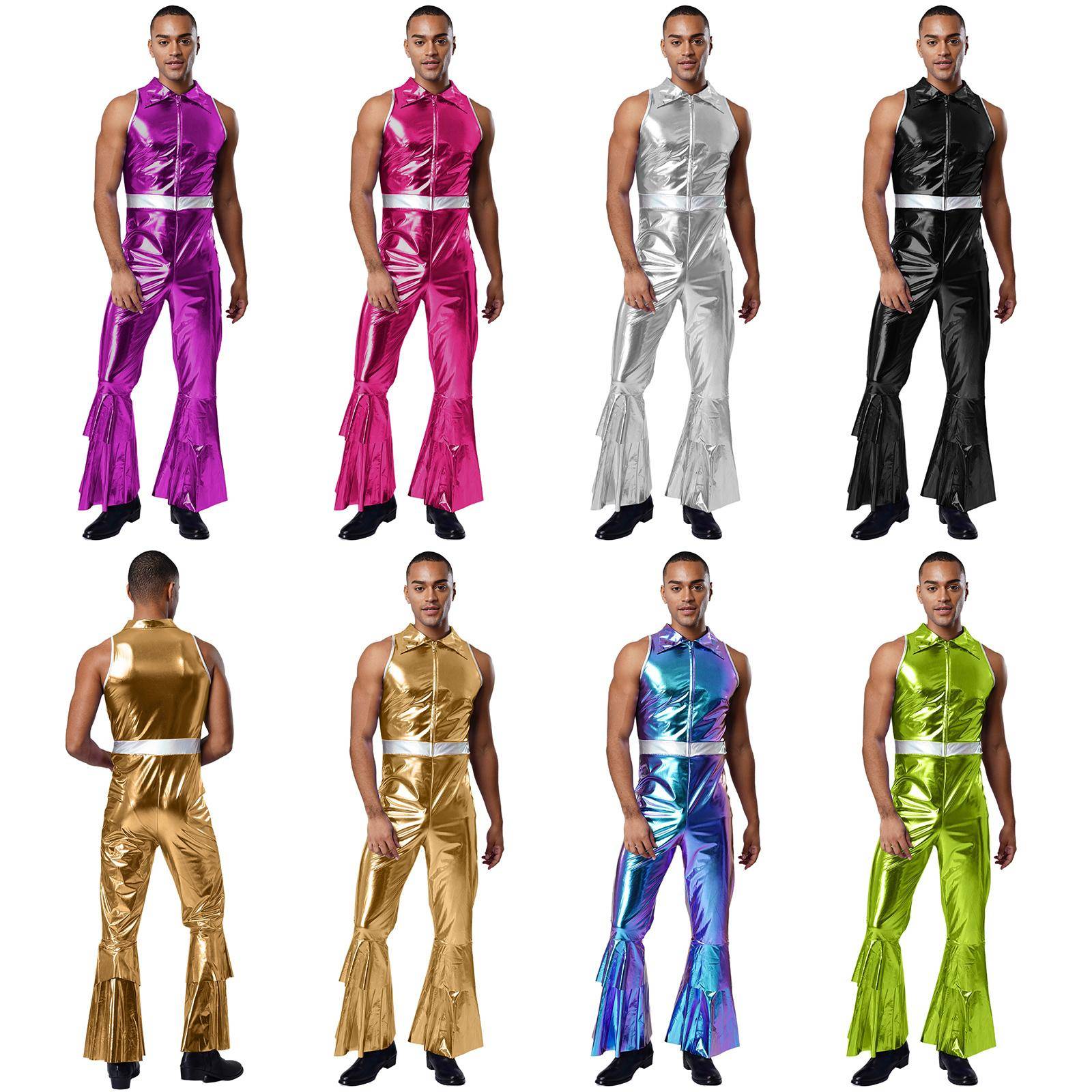 Herr 70-tals Disco Kostym Revers Ärmlös Hög Midja Utsvängd Jumpsuit Dans Sångare Kostym cm silver
