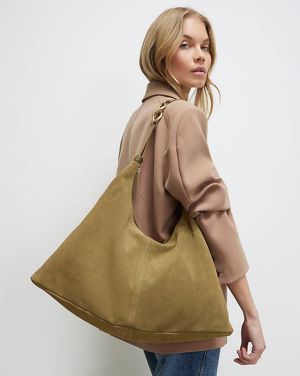 Khaki Suede Chain Link Handle Shoulder Bag