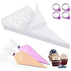 200 st. spritspåsar, engångsmedel, professionell spritspåse transparent engångssprutpåse med 4 lila silikon, spritspåsar, klämmor för dekoration, bakverk cupcakes, lämpliga kakor för hembakning (33 x