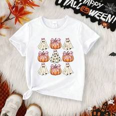 Unga flickor Casual Halloween Elements Square Bow Pumpkin Ghost Print Basic kortärmad T-shirt - Vitt (6Y,7Y,4Y,5Y)