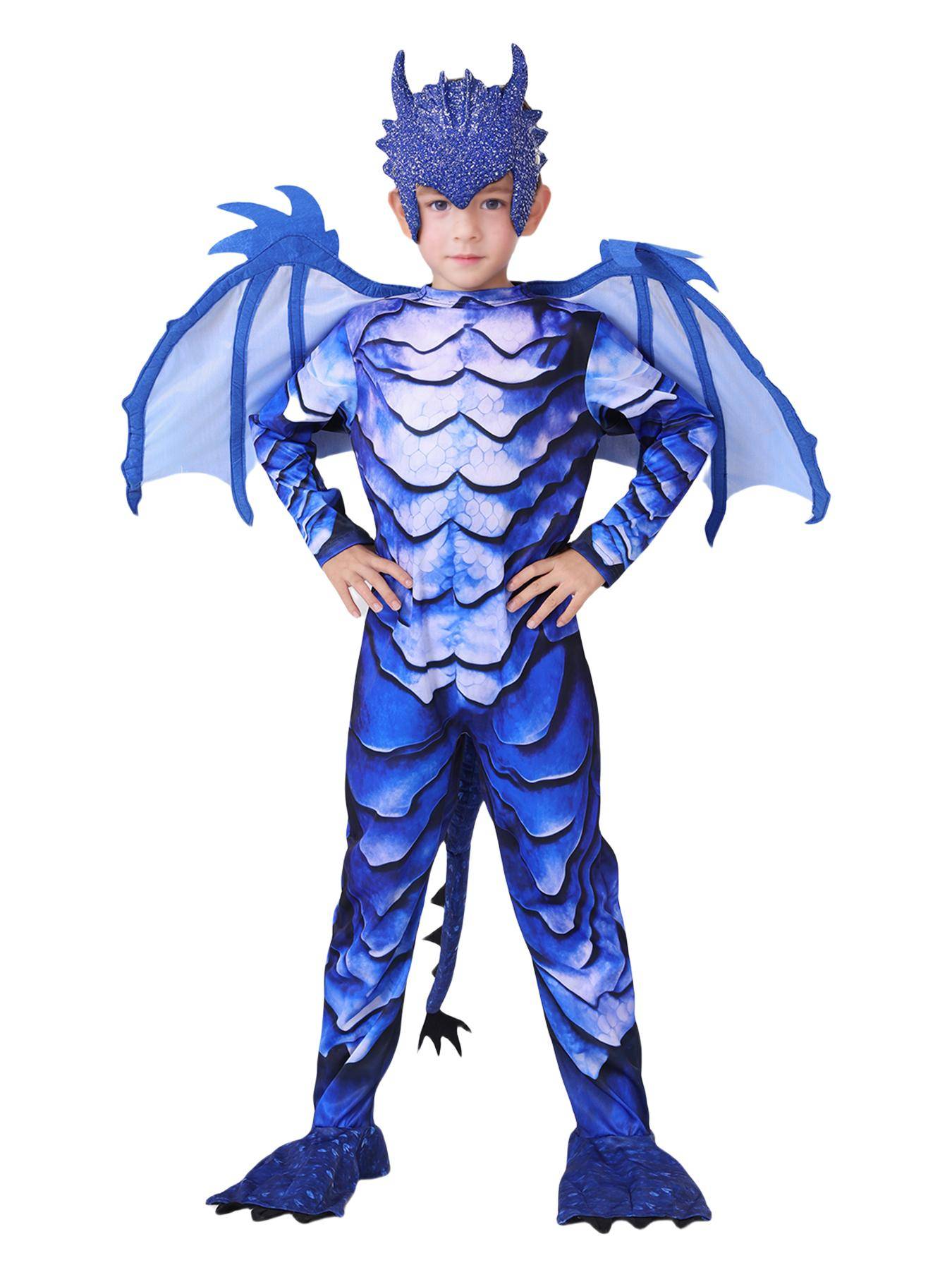 Frostblå Drakriddardräkt för Barn, Halloween Karneval Temafest Kostym med Vingar Svans Mask cm