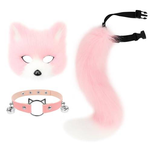 hbbhml fuskpäls räv mask varg katt fluffig svans och läder halsband set halloween fest kostym tillbehör, Rosa-vit, En Storlek