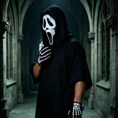 Halloweenkostym, mask, cape, vampyrrollspelsrekvisita, accessoarer - Multifärgad (Vitt Skrik 1 st,Tungan ut 1 st,Scream-Vargtänder,Rosa Scream 1 st,Dolks 1 st)