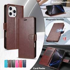 Plånboksfodral + stativ Stötsäkert telefonskal Kompatibelt med Apple 16 Pro Max, Galaxy S24 Ultra, Redmi Note 13 Pro; Läderfodral Kompatibelt med Appl - Chokladbrun (Multi-size)