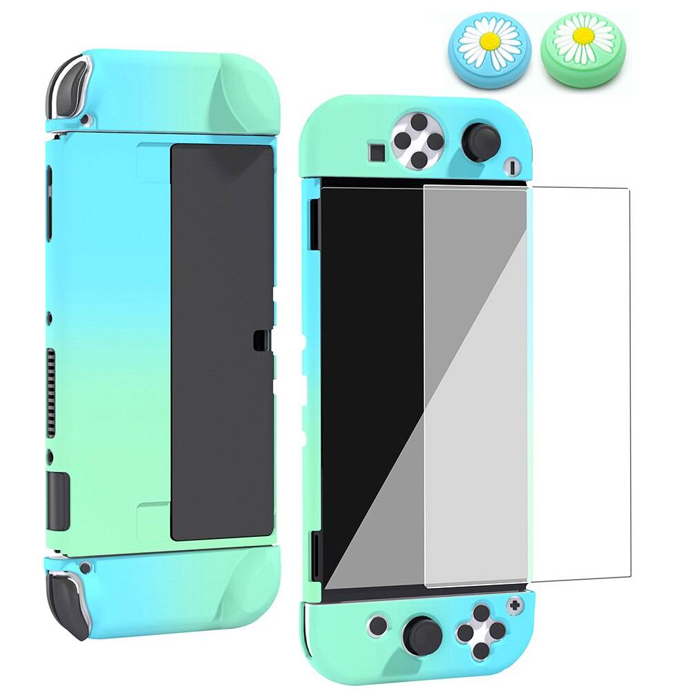 Hårt skal, mikrofrostat hölje för switch oled & joycon controller speltillbehör 4 tumgreppslock och skärmskydd - Grön