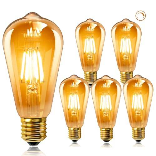 6 Stück Edison Vintage Glühbirne E27 Dimmbar 220V, ST64 Retro LED Filament Lampe 6W, Ersetzt 60W Glühlampen, 600LM Warmweiß 2200K, Nostalgie LED Leuchtmittel E27 für Café, Restaurant, Bar, Haus