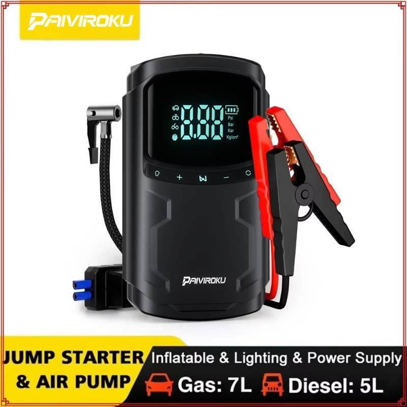 Car Jump Starter With Air Compressor 5000a Auto Battery Booster 150psi Air Pump Portable Power Bank Tire Inflator Lighting