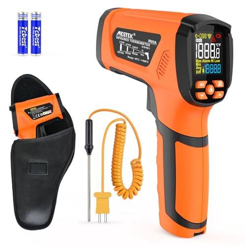 Infraröd termometer Pyrometer MESTEK 50:1 Temperaturpistol, -40 ℃ till 1600 ℃ Lasertermometer med Hög Temperatur och LCD-färg för Industriell HVAC Smidesugn Metallsmältning, Justerbar Emissivitet