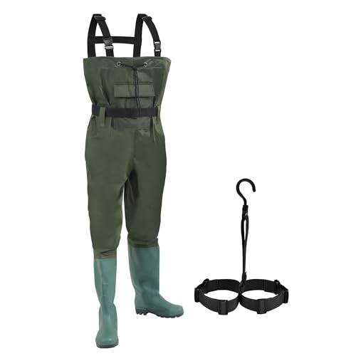 Fiqops vadarbyxor herr vattentäta, fiskebyxor herr 70D nylonkomposit PVC, vadbyxor dam med halkfria gummistövlar, vadarbyxor neopren för fiske, bondgårdar, byggarbeten, Grön, 43