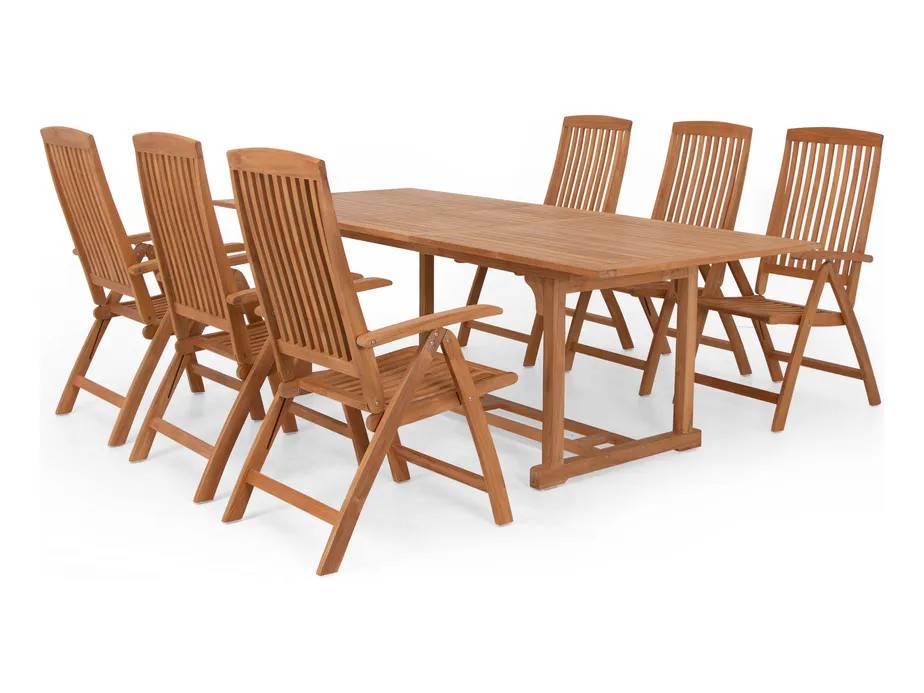 Sunzo Boston & Medford matgrupp Teak med grå dyna 6 positionsstolar & bord 180 - 230 x 100 cm Teak 6 positionsstoler & bord 180 - 230 x 100 cm