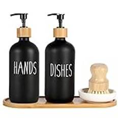 Mifxin 2-pack tvåldispenser i glas med bricka och bambu diskborste, handtvåldispenser 473 ml köksset – bondgårdsdekor tvålpump flaska (svart – 2-pack)
