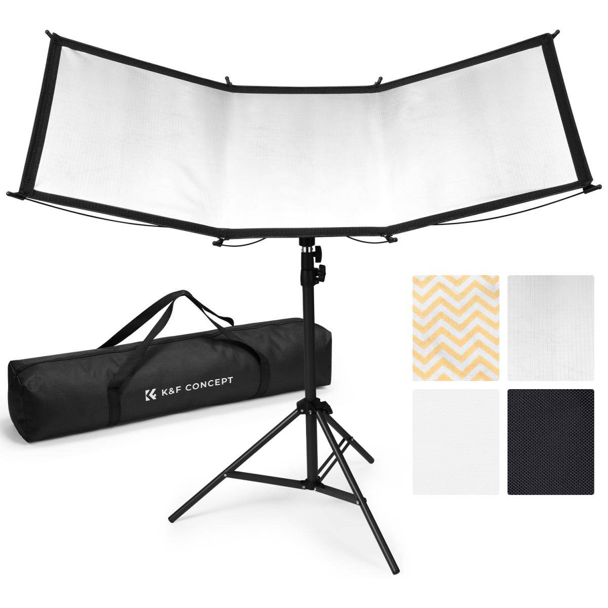 KENTFAITH K&F CONCEPT 41"x17" Curved Reflector with Stand, Quick-Open, 4-in-1 U-Shape Clamshell Reflector with Carrying Bag, for Studio Portrait & Video Shooting, Black/White/Silver/Gold