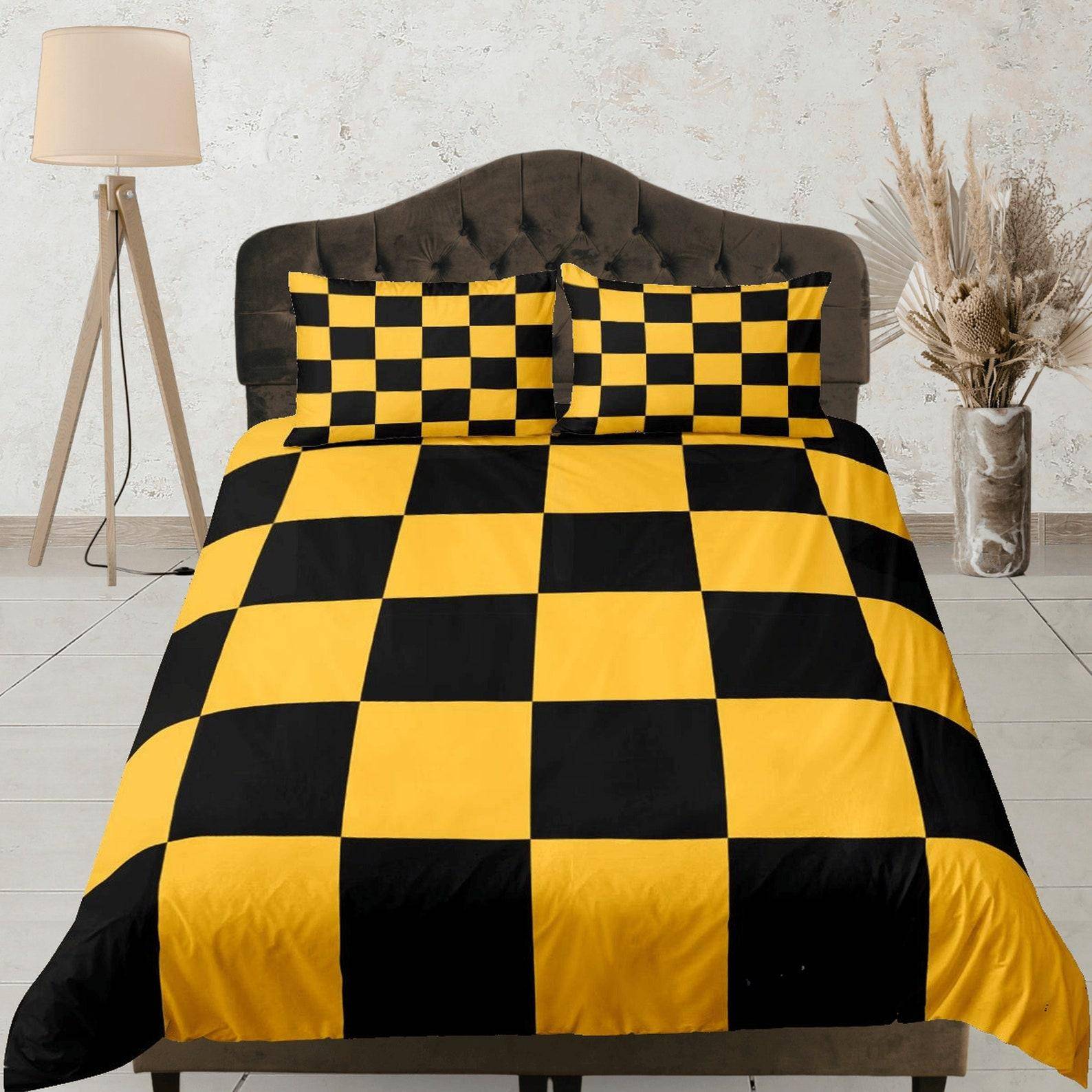 Rutig påslakan set, Elegant överkast, Gult och svart sängkläder set, Geometriskt påslakan, Modernt sovrum set, Dona Cover yellow