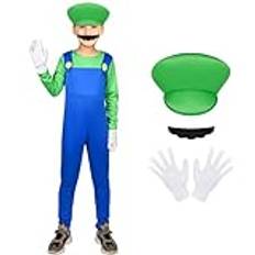 AOOWU Luigi Barn, Mario och Luigi cosplay-kostym, Super Luigi-kostym med mössa, skägg och handskar, Mario och Luigi-kostym för barn, för karneval, halloween, cosplay