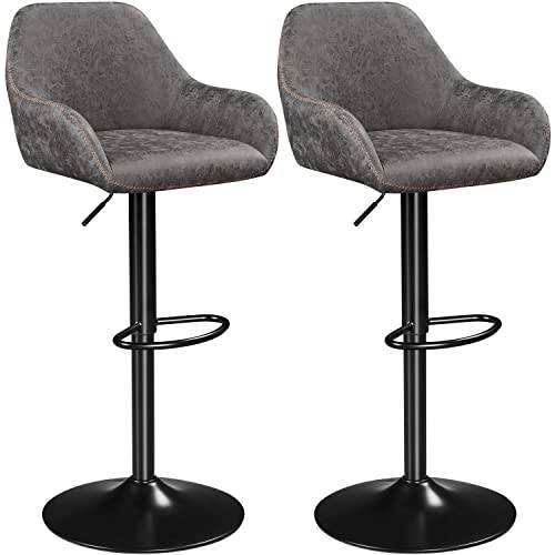 Yaheetech Barstolar set om 2, höjdjusterbar barstol, pall med ryggstöd, valpall, vridbar bistropall av konstläder, grå
