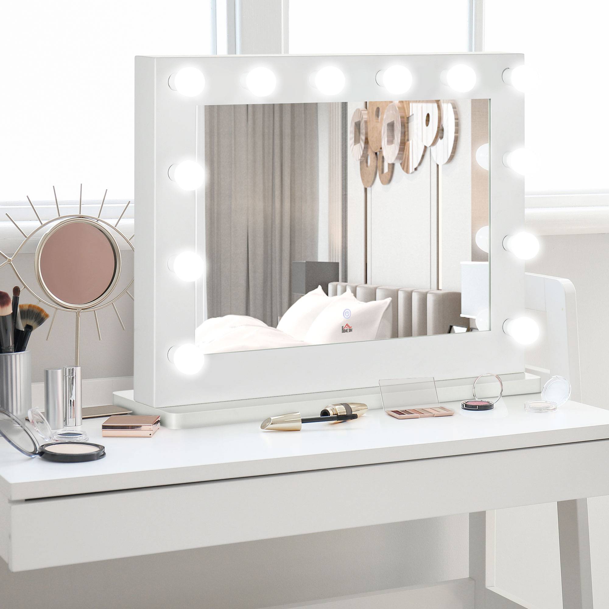 Hollywood-spejl med belysning, makeup-spejl med touch-knap, kosmetikspejl med 12 dæmpbare LED-lamper, 80 x 60 cm makeup-spejl med hukommelsesfunktion, hvid