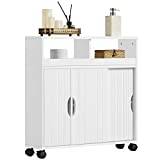 Yaheetech Badrumsskåp nischskåp sidoskåp badrumsrullvagn stående skåp underskåp badrumsskåp med skjutdörrar hjul hall badrum vita MDF-träplattor 69,5 x 20 x 71,5 cm