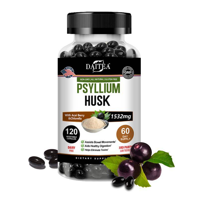 DAITEA Psyllium Husk Capsules, With Acai Berry & Chlorella, Supports Bowel Movements & Healthy Digestion, 120 Capsules