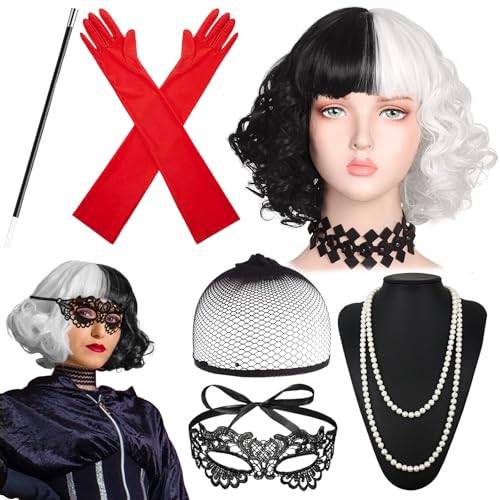 Cruella kostym damer, halloween kostym damer, 70-tals tillbehör peruk damer svart vit peruk pärlsmycken svart spets mask handskar halloween karneval cosplay kostym fest