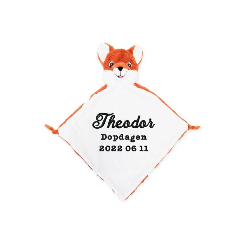 Snuttefilt räv med broderad text, SVART (1000)
