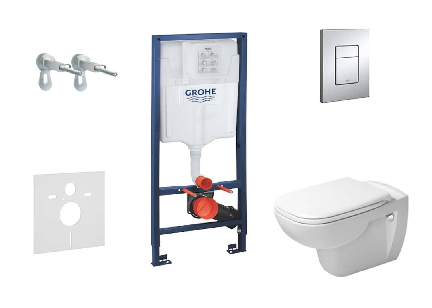 Grohe Rapid SL - Sæt med vægmonteret installation, toilet og sæde D-Code, Rimless, SoftClose, Skate Cosmo-knapper, krom 38528SET-KK