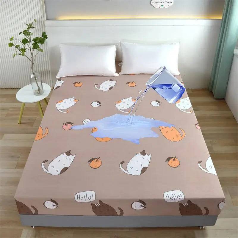 Kuup-Polyester 360° waterproof Cartoon Fitted Sheet Only(no pillowcase) Elastic Band Around Mattress Cover King Size Bed Cover - W1s mao mi zhi jia / King 198x203cm