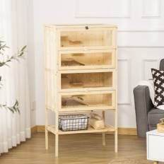 Hamsterbur lavet af træ 5 etager Nagarium gnaverbur smådyrsbur med gitter tagramper, træbur musebur stort bur til hamstere dværghamstere 60 x 40 x 120 cm naturligt træ