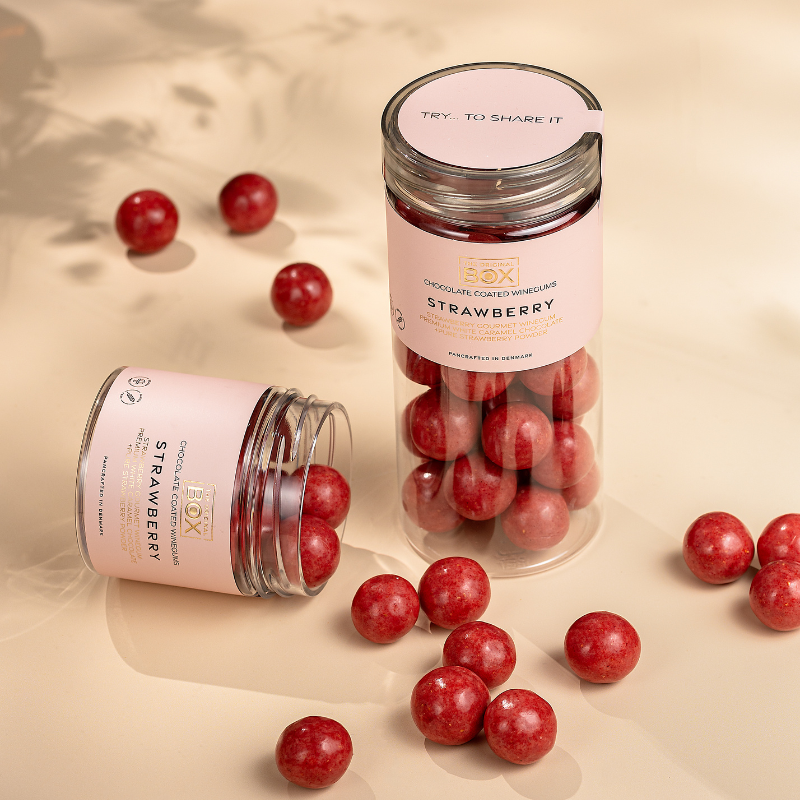 Vingummi med karamel chokolade og jordbær - Box the original