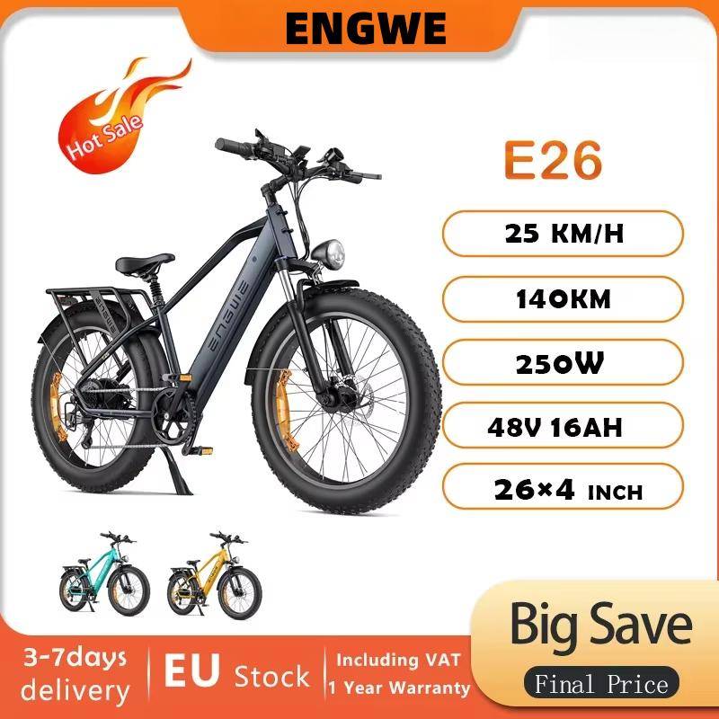 ENGWE E26 250W Stadselcykel, 48V 16Ah 25km/h 26 ×4.0  Däck Hydraulisk Broms Max 140km Räckvidd Elcykel för Terräng