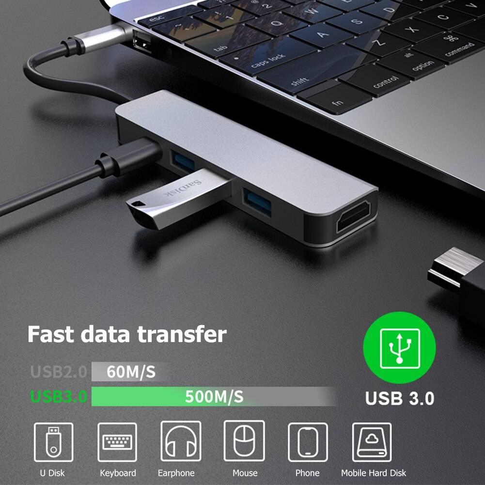 Bärbar 5 i 1 typ-c hub converter splitter för bärbar dator usb 3.0 gränssnitt 5 gbps hastighet 4k hdmi 87w pd snabbladdningsadapter docka