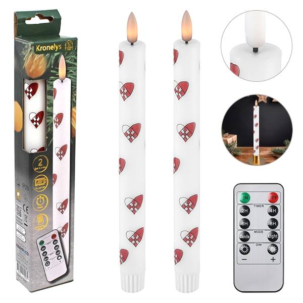 LED Kronelys 25 cm 2 stk. Vokslys med Julehjerter og Timer, Hvid/Rød.