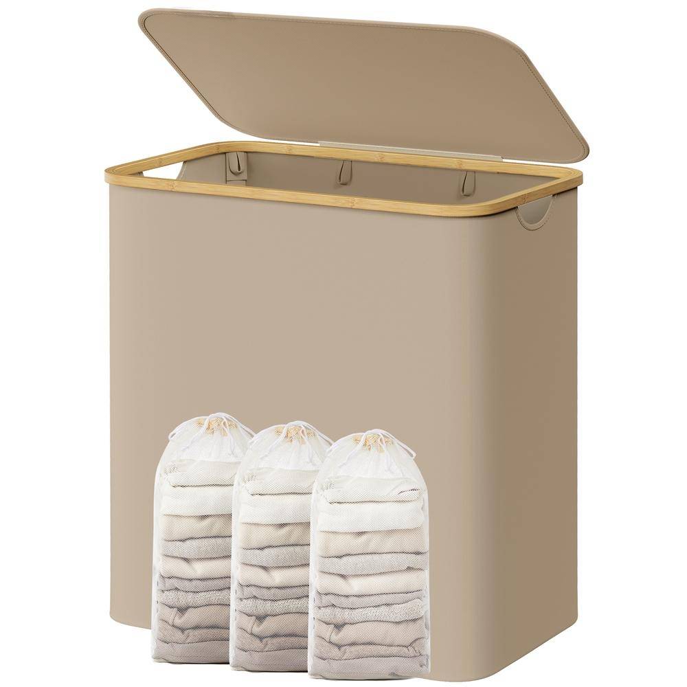 Vasketøjskurv med låg 3 rum 150 l - camel brown, 60 x 38,5 x 70,5 cm